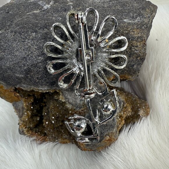 Vintage Silver Tone Rhinestone Daisy Flower Brooch - Picture 4 of 5